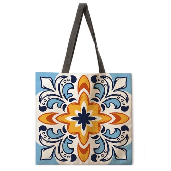Mediterranean Handbags - 𝅺SET of SIX Fabric Totes, Mediterranean Tile Design.